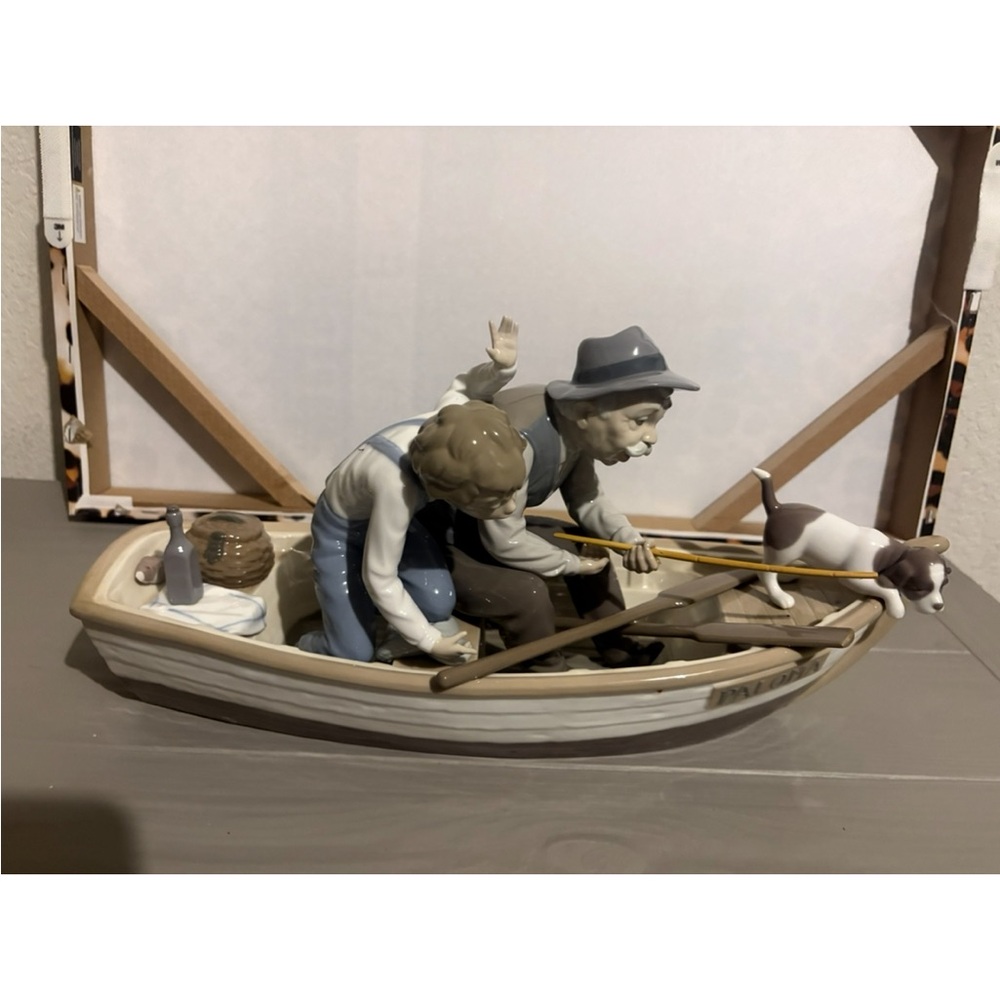 Lladro Porcelain Sculpture of Fishermen in Boat with Dog